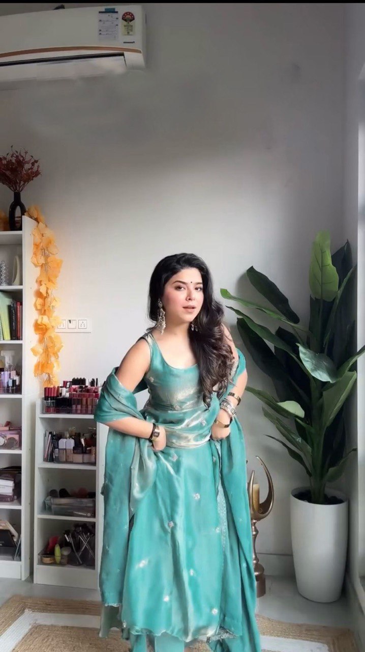 Graceful Blue Fandy Silk Gown Pant and Dupatta Set with Contemporary Style - Jaipuri Vastra