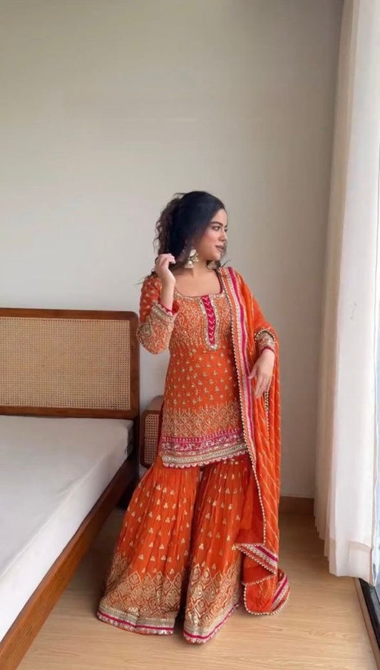Stylish Orange Faux Georgette Kurti Sharara and Dupatta Ensemble for Festive Wear - Jaipuri Vastra