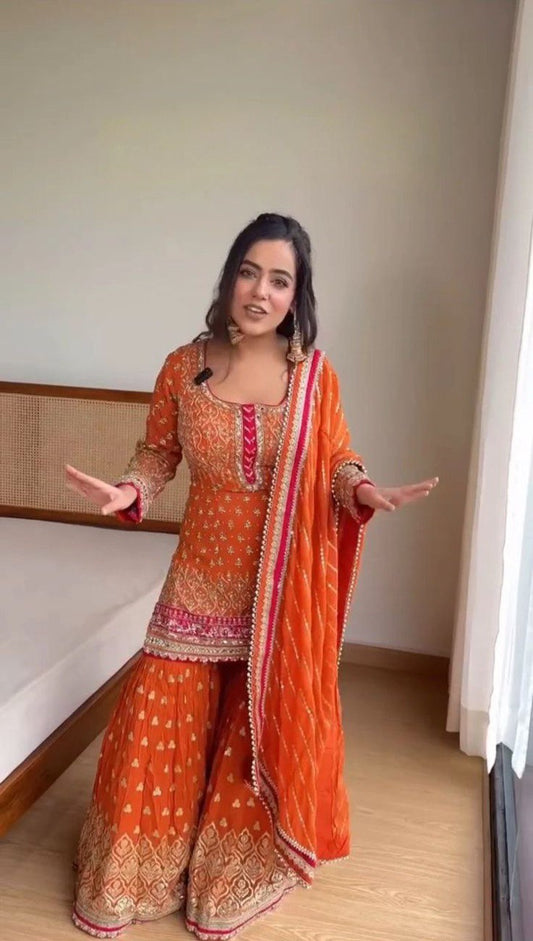 Stylish Orange Faux Georgette Kurti Sharara and Dupatta Ensemble for Festive Wear - Jaipuri Vastra