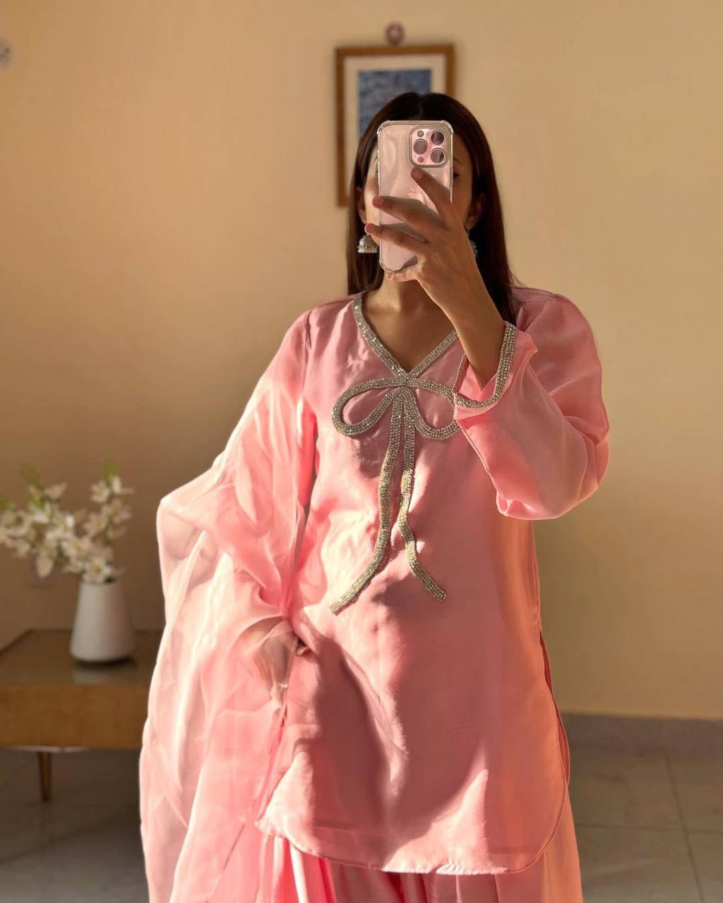 Elegant Farsi Salwar Suit in French Crepe with Beads Embroidery and Full Stitching