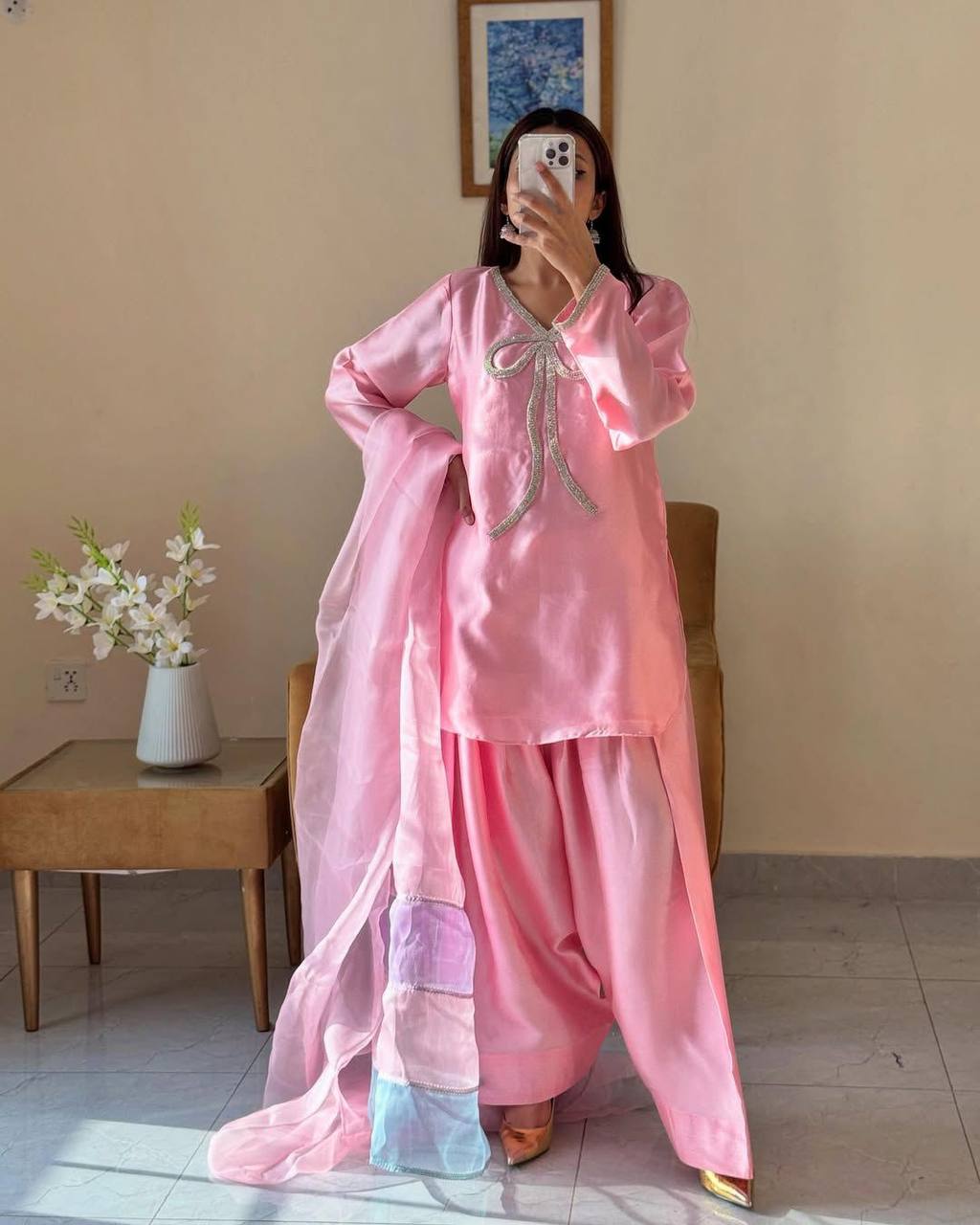 Elegant Farsi Salwar Suit in French Crepe with Beads Embroidery and Full Stitching