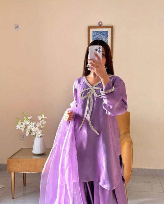 Elegant Farsi Salwar Suit in French Crepe with Beads Embroidery and Full Stitching