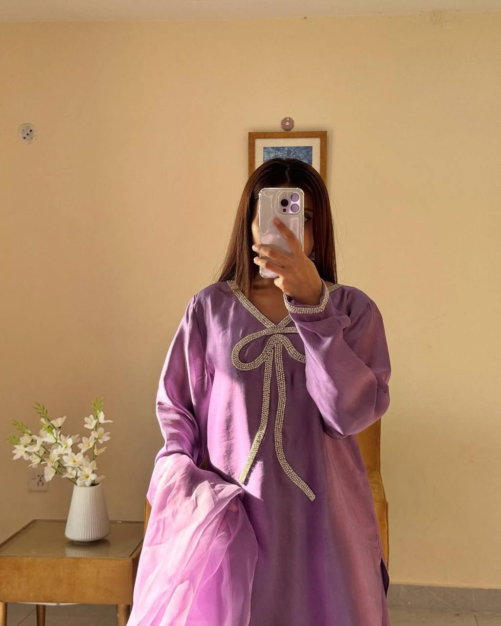 Elegant Farsi Salwar Suit in French Crepe with Beads Embroidery and Full Stitching