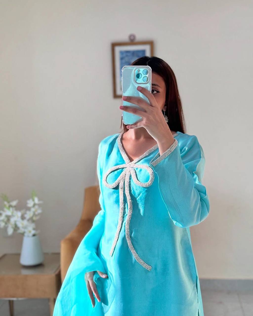 Elegant Farsi Salwar Suit in French Crepe with Beads Embroidery and Full Stitching