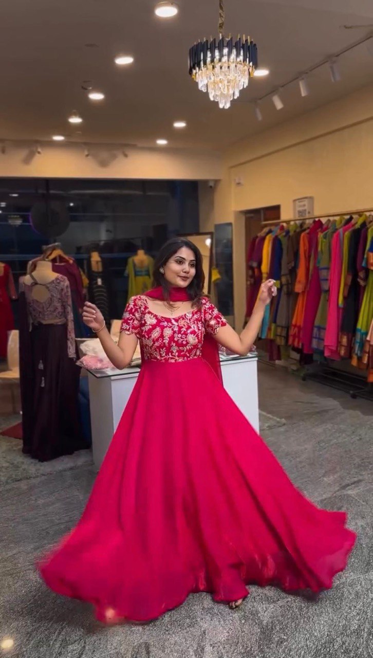 Designer Gown Set in Heavy Natural Crepe with Matching Pant and Dupatta - Jaipuri Vastra