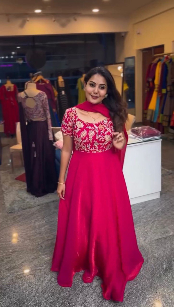 Designer Gown Set in Heavy Natural Crepe with Matching Pant and Dupatta - Jaipuri Vastra
