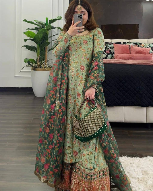 Luxe Pista Faux Georgette Top, Palazzo, and Dupatta Set for Special Occasions - Jaipuri Vastra