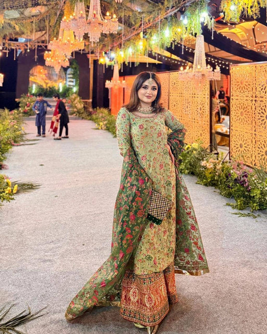 Luxe Pista Faux Georgette Top, Palazzo, and Dupatta Set for Special Occasions - Jaipuri Vastra