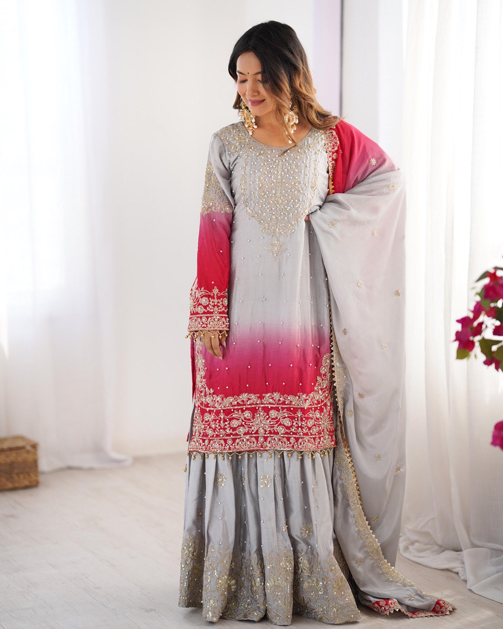 Elegant Chinon Silk Top with Coding Dori Sequin and Rivet Moti Work Plazzo Suit - Jaipuri Vastra