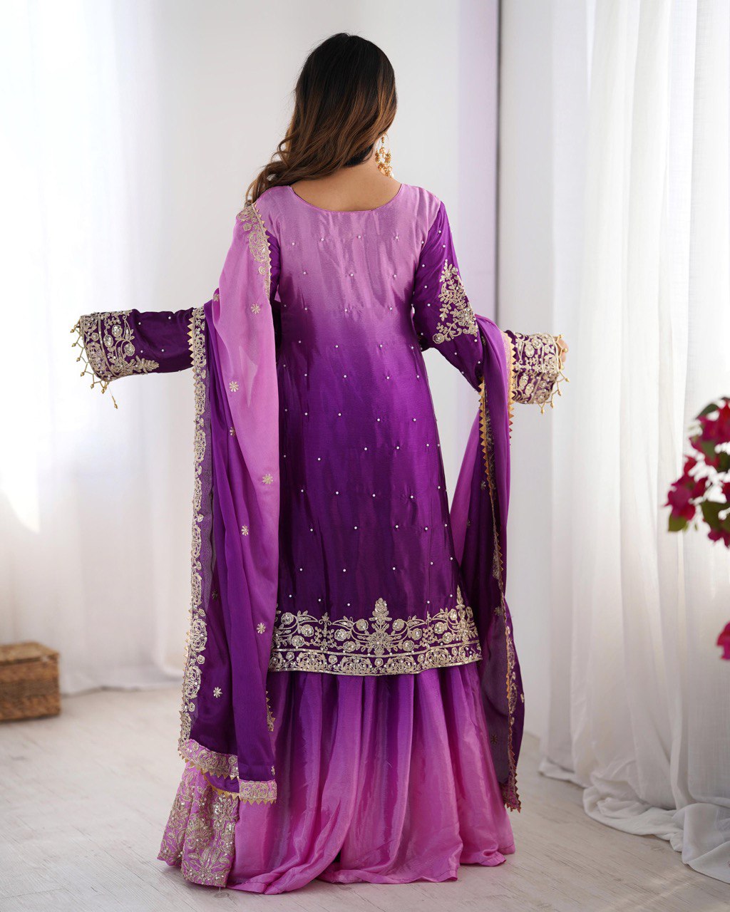 Elegant Chinon Silk Top with Coding Dori Sequin and Rivet Moti Work Plazzo Suit - Jaipuri Vastra