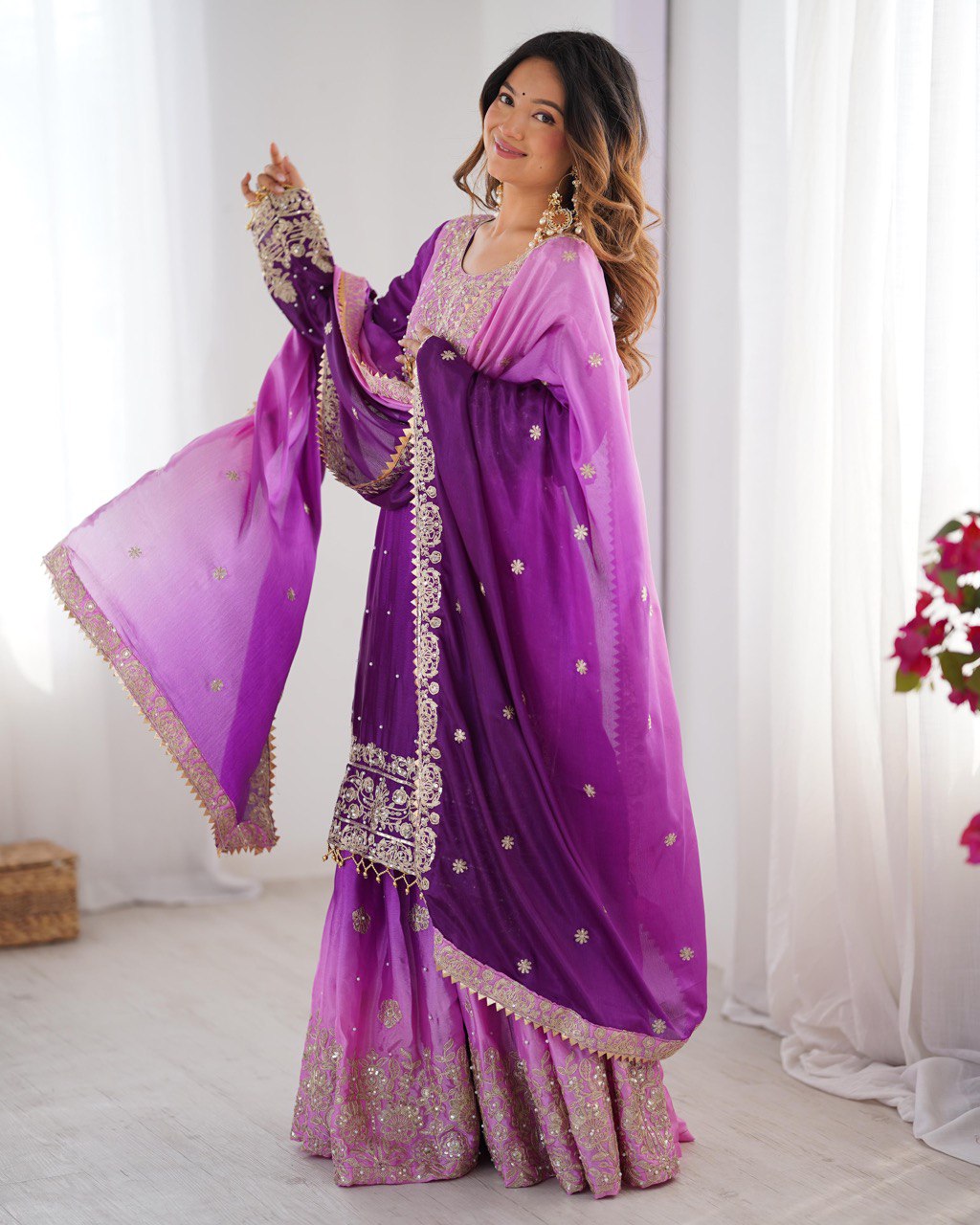 Elegant Chinon Silk Top with Coding Dori Sequin and Rivet Moti Work Plazzo Suit - Jaipuri Vastra