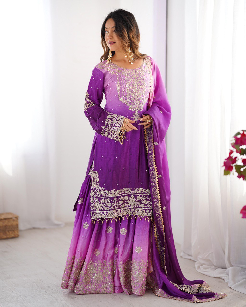 Elegant Chinon Silk Top with Coding Dori Sequin and Rivet Moti Work Plazzo Suit - Jaipuri Vastra