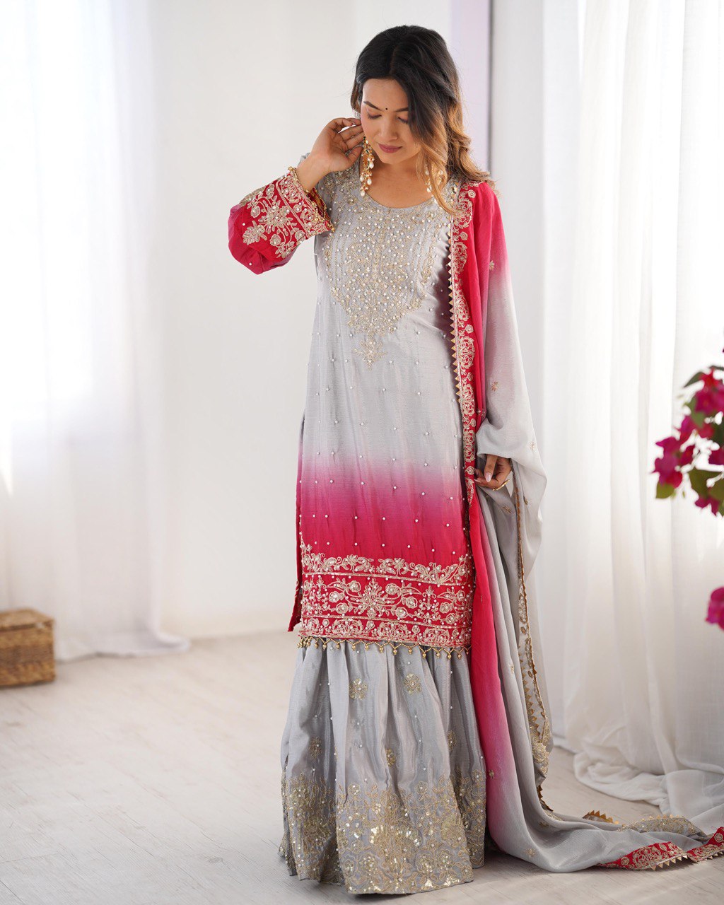 Elegant Chinon Silk Top with Coding Dori Sequin and Rivet Moti Work Plazzo Suit - Jaipuri Vastra