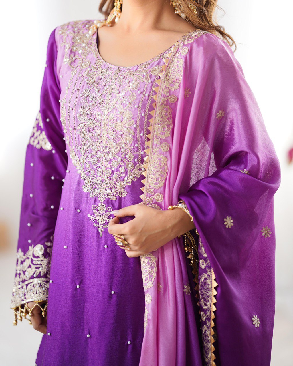 Elegant Chinon Silk Top with Coding Dori Sequin and Rivet Moti Work Plazzo Suit - Jaipuri Vastra