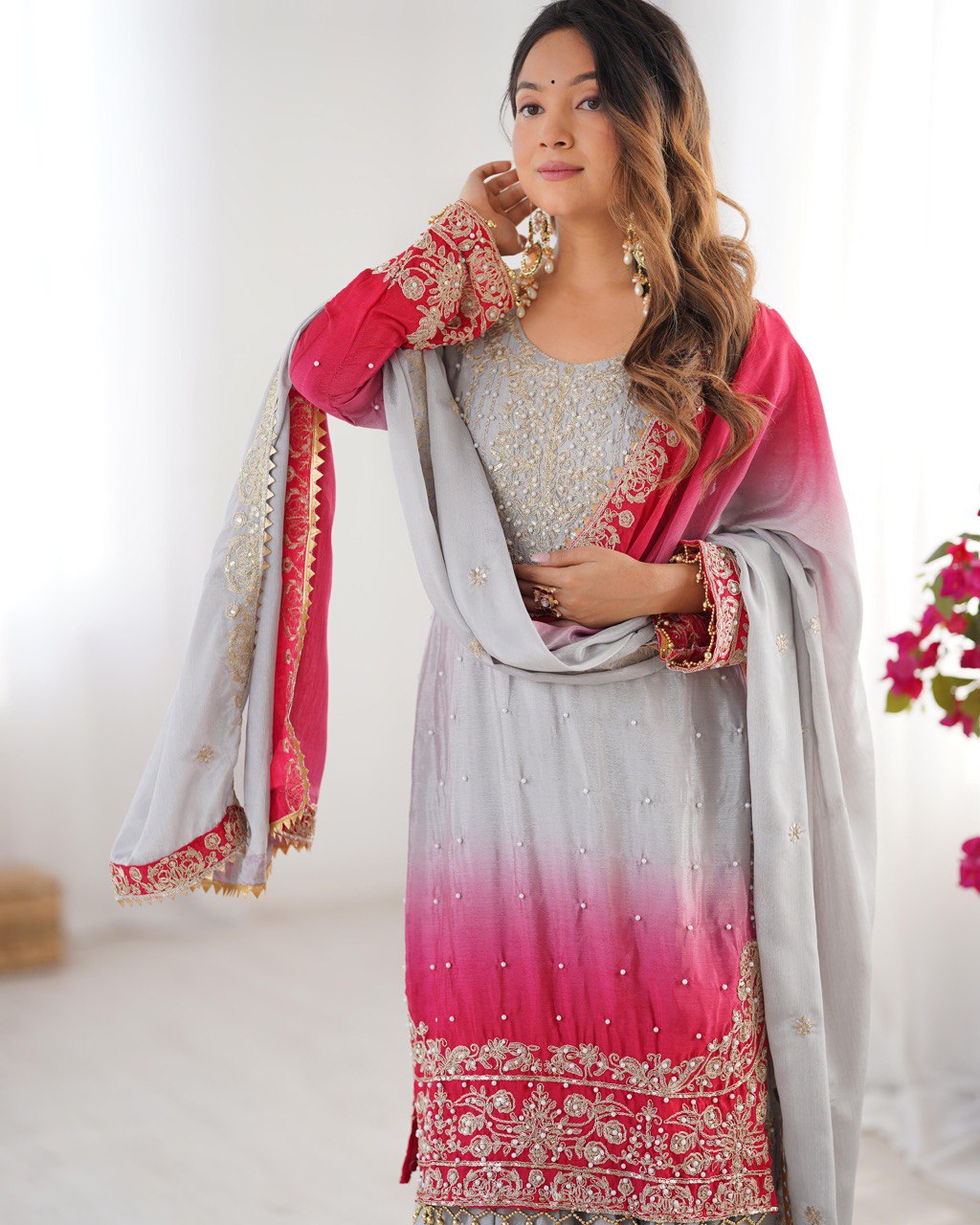 Elegant Chinon Silk Top with Coding Dori Sequin and Rivet Moti Work Plazzo Suit - Jaipuri Vastra