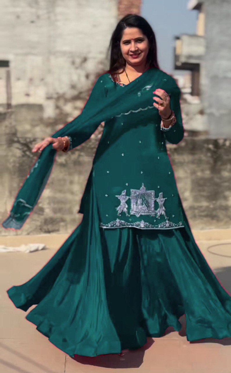 Stylish Natural Crepe Silk Kurti Lehenga Outfit with Soft Net Dupatta and Intricate Embroidery