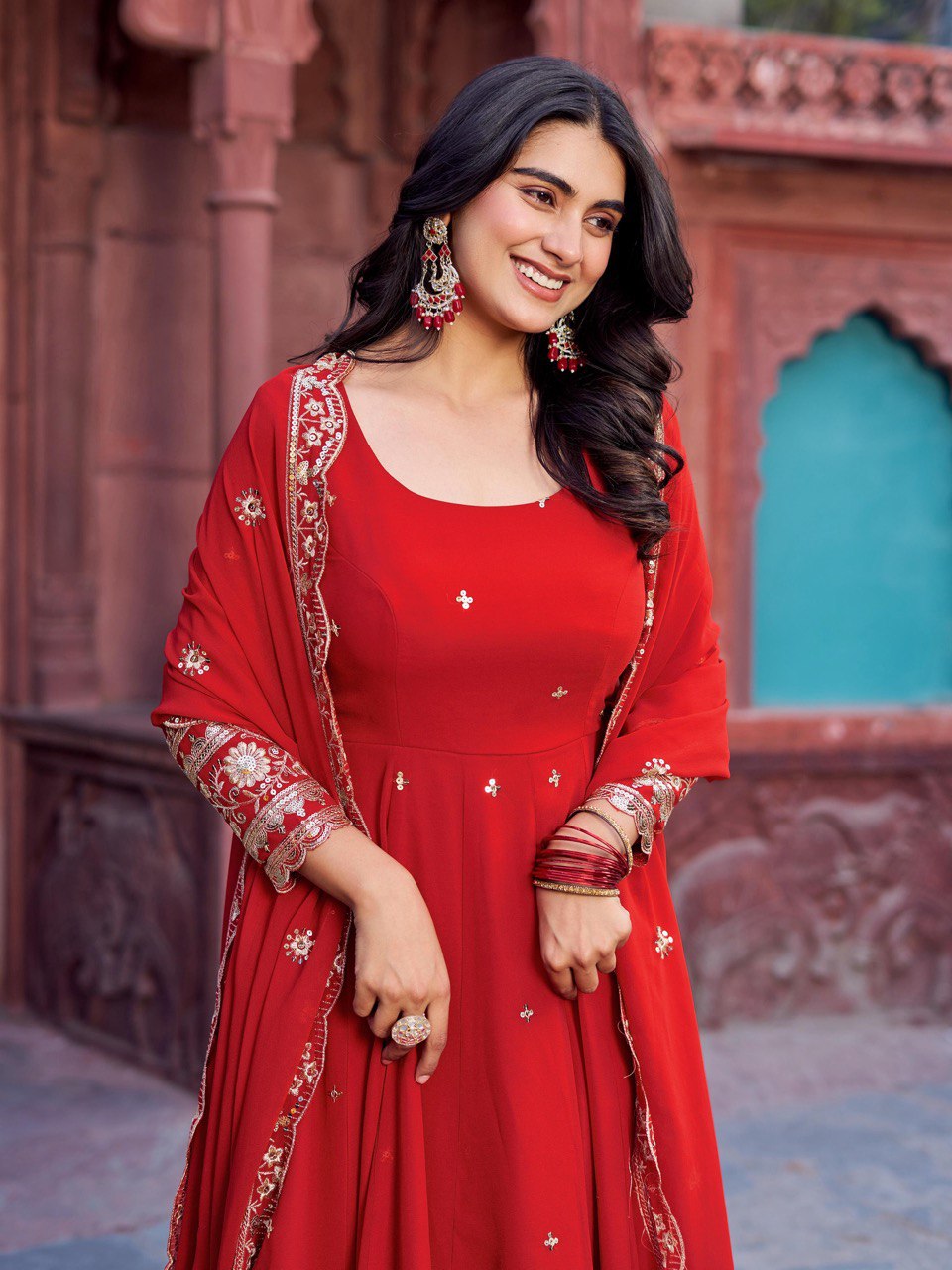 Faux Georgette Gown with Full Thread and Sequin Work Front and Back, Pant and Dupatta Set - Jaipuri Vastra