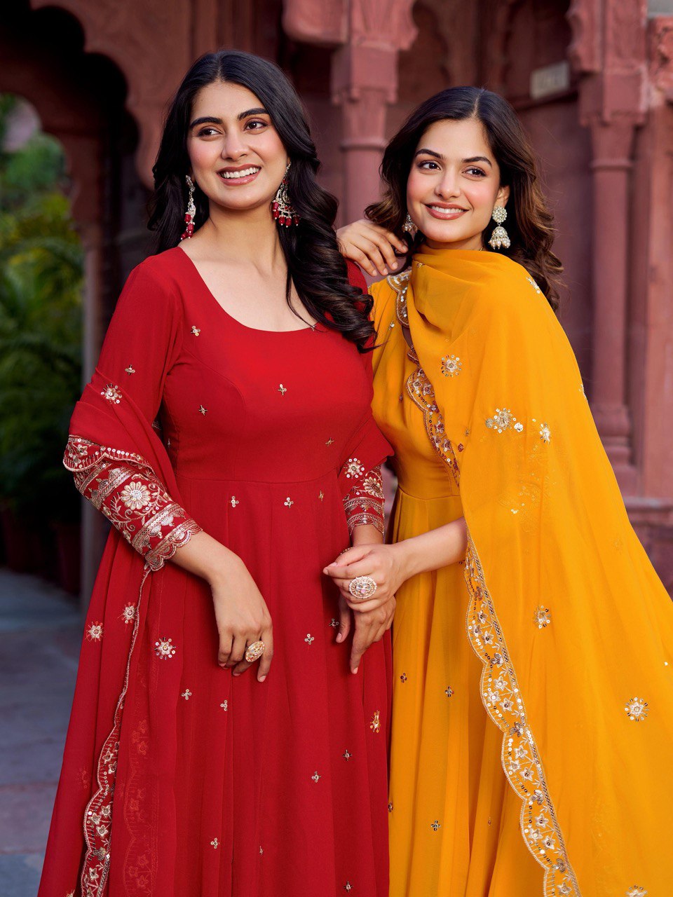 Faux Georgette Gown with Full Thread and Sequin Work Front and Back, Pant and Dupatta Set - Jaipuri Vastra