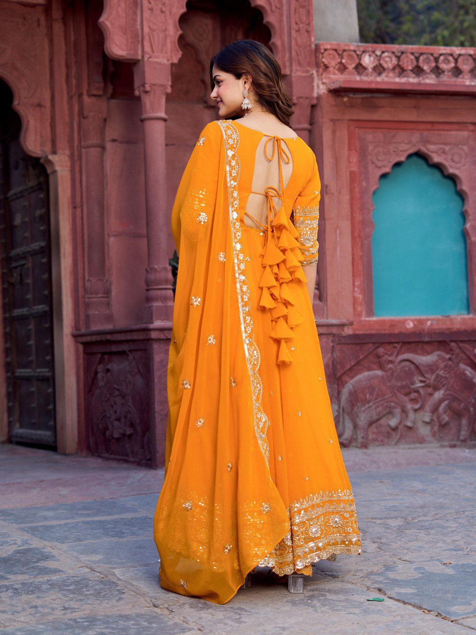 Faux Georgette Gown with Full Thread and Sequin Work Front and Back, Pant and Dupatta Set - Jaipuri Vastra