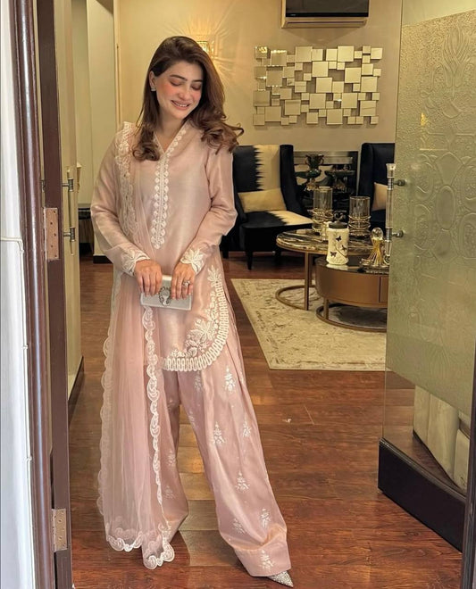 Elegant Three Piece Set in Pure Natural Crepe Silk with Embroidered Full Sleeve Top and Farshi Pant