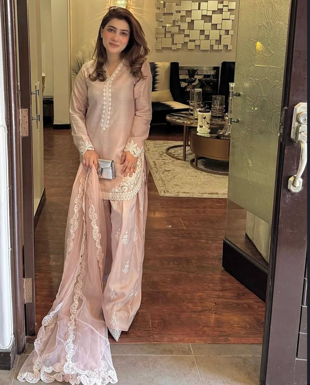 Elegant Three Piece Set in Pure Natural Crepe Silk with Embroidered Full Sleeve Top and Farshi Pant