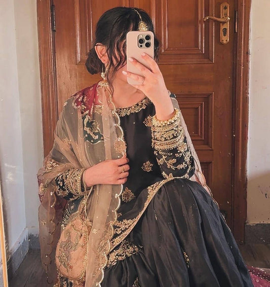 Designer Chinon Sequin Embroidered Suit with Full Flair Sharara and Dupatta
