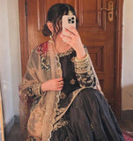 Designer Chinon Sequin Embroidered Suit with Full Flair Sharara and Dupatta