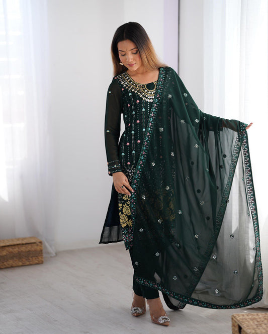 Premium Faux Georgette Top and Pant Set with Thread and Mirror Embroidery with Dupatta - Jaipuri Vastra