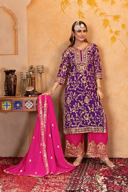 Designer Heavy Faux Georgette Fancy Top with Matching Palazzo Suit Set for Women - Jaipuri Vastra