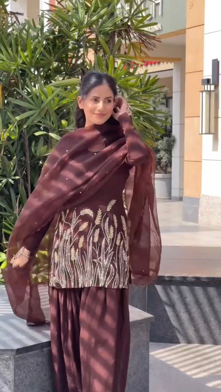 Designer Faux Georgette Top with Sequin Thread Work, Farshi Suit, and Organza Silk Dupatta with Four-Side Lace Border and Rivet Moti