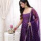 Purple Jequard Silk Top with Weaving and Lace Border, Paired with Pant and Dupatta Set