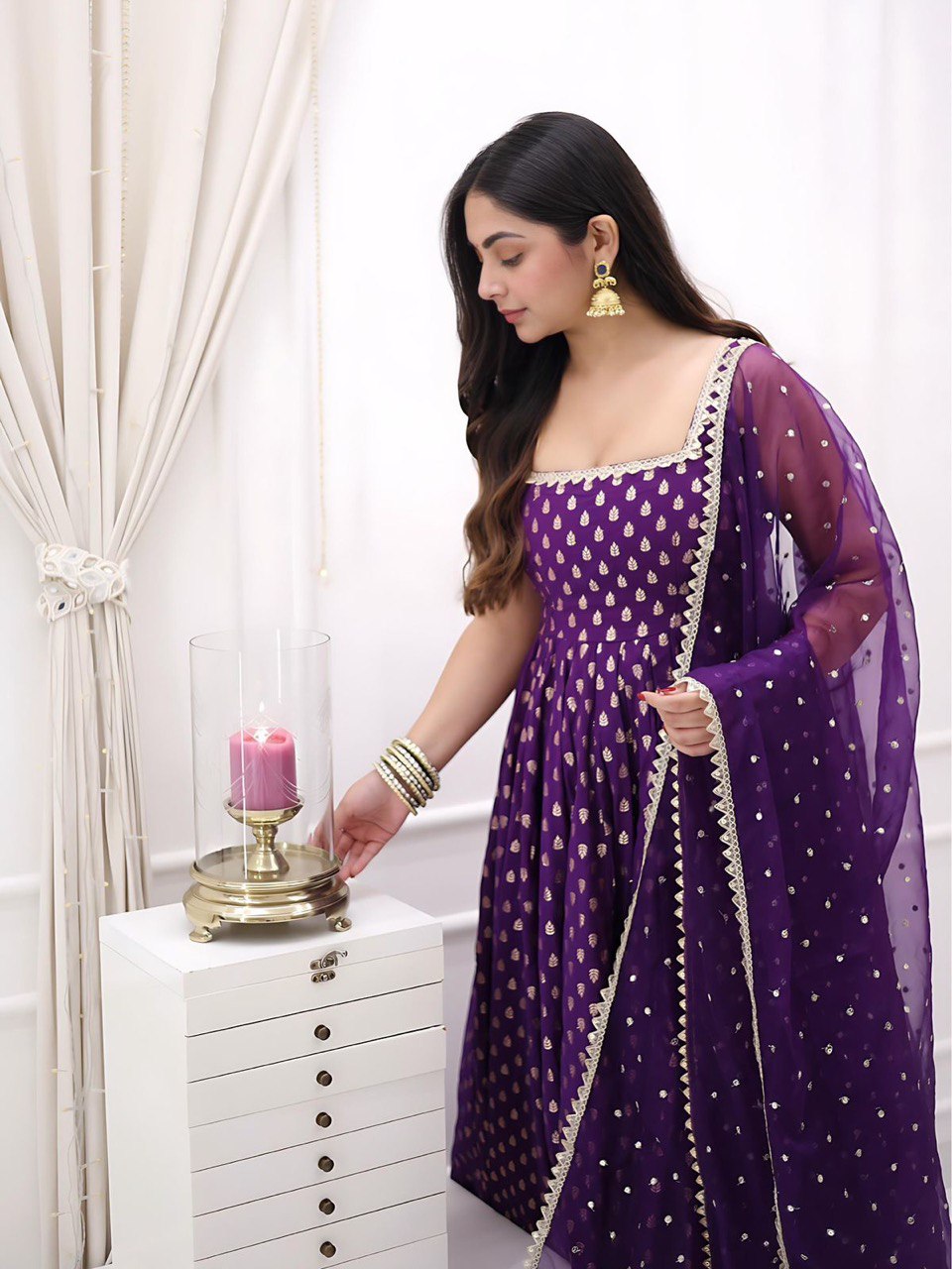 Purple Jequard Silk Top with Weaving and Lace Border, Paired with Pant and Dupatta Set