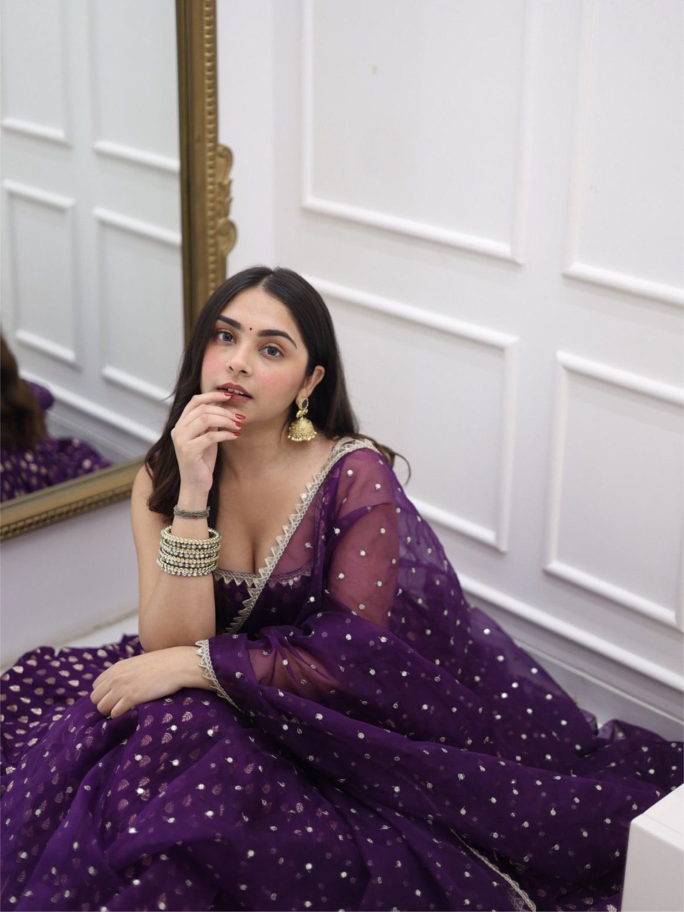 Purple Jequard Silk Top with Weaving and Lace Border, Paired with Pant and Dupatta Set