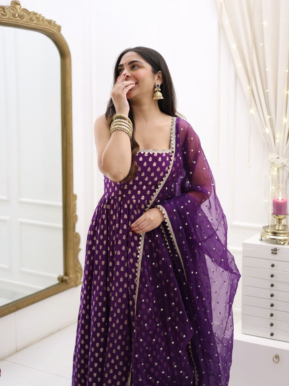 Purple Jequard Silk Top with Weaving and Lace Border, Paired with Pant and Dupatta Set