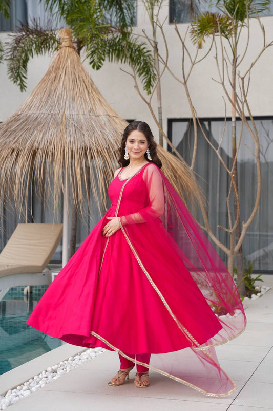 Stylish Full-Flare Chanderi Anarkali with Attached Sleeves, Padding and Pant Set – Dark Pink - Jaipuri Vastra