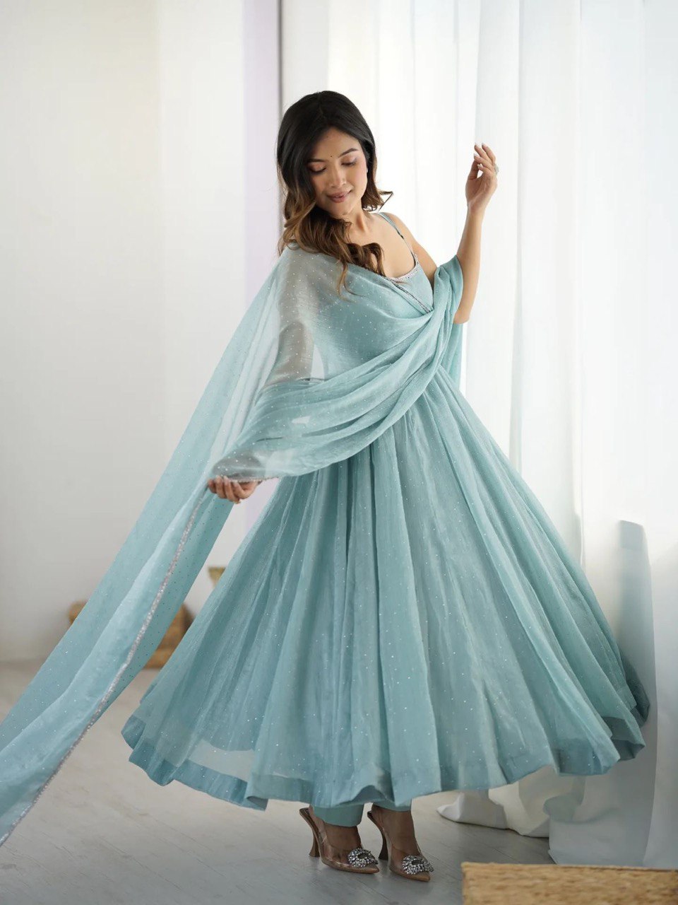 Festive Crunch Silk Gown Set with Hotfix Detailing and Four-Side Lace Border on Dupatta