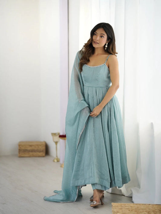 Festive Crunch Silk Gown Set with Hotfix Detailing and Four-Side Lace Border on Dupatta