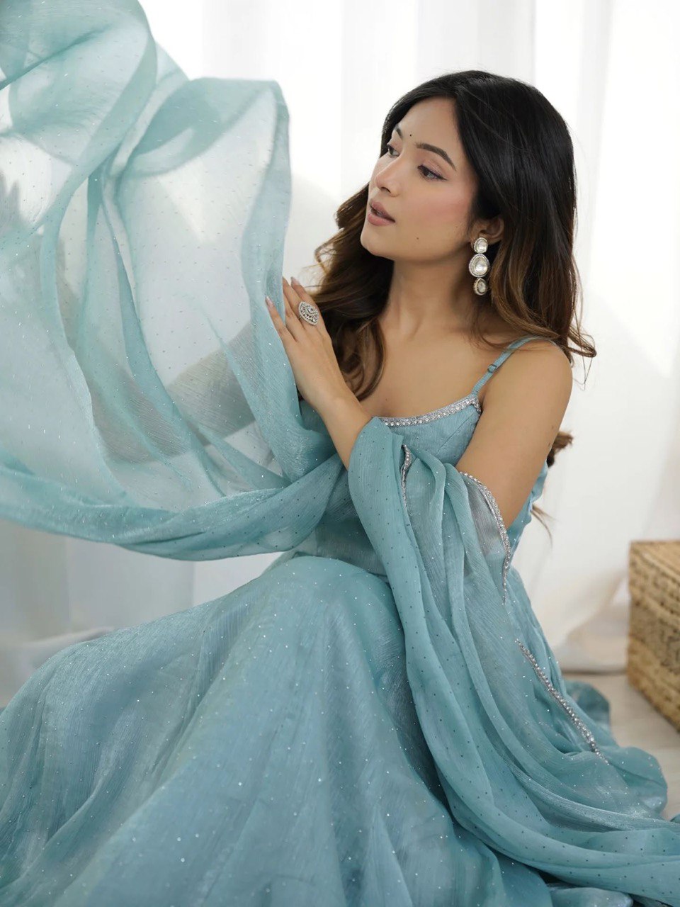 Festive Crunch Silk Gown Set with Hotfix Detailing and Four-Side Lace Border on Dupatta