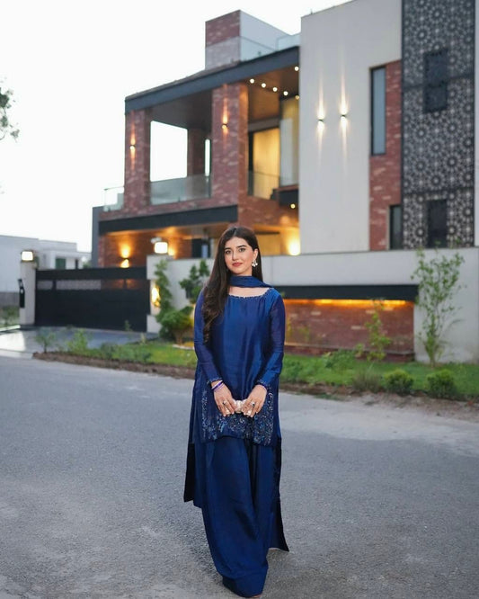 Designer Farshi Suit in Natural Crepe with Intricate Bead and Thread Embroidery and Blue Sequin Dupatta
