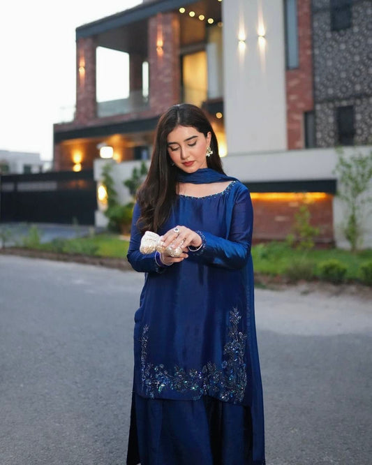 Designer Farshi Suit in Natural Crepe with Intricate Bead and Thread Embroidery and Blue Sequin Dupatta