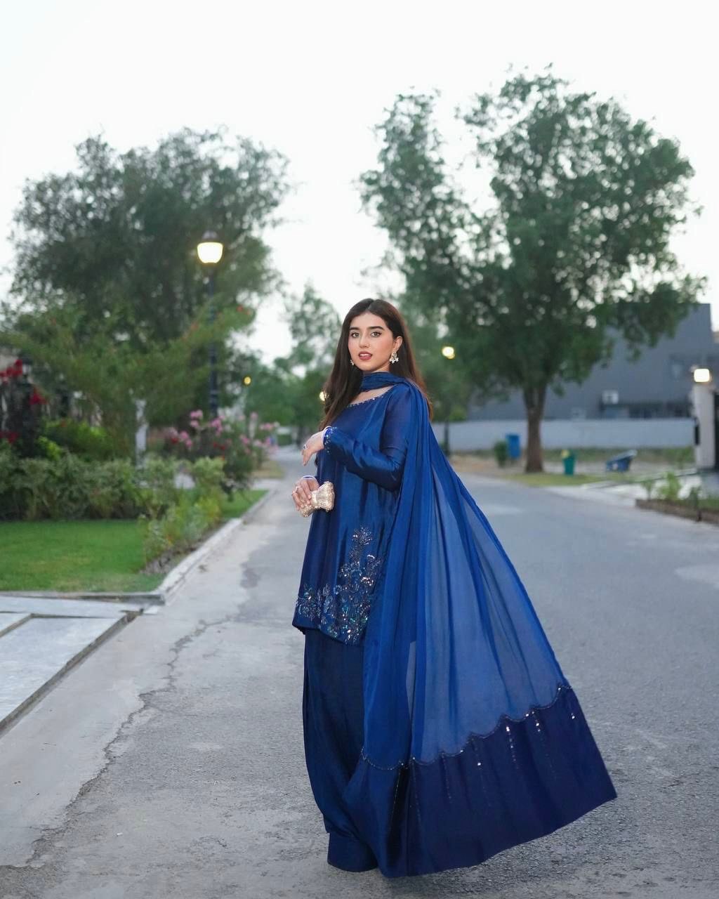 Designer Farshi Suit in Natural Crepe with Intricate Bead and Thread Embroidery and Blue Sequin Dupatta