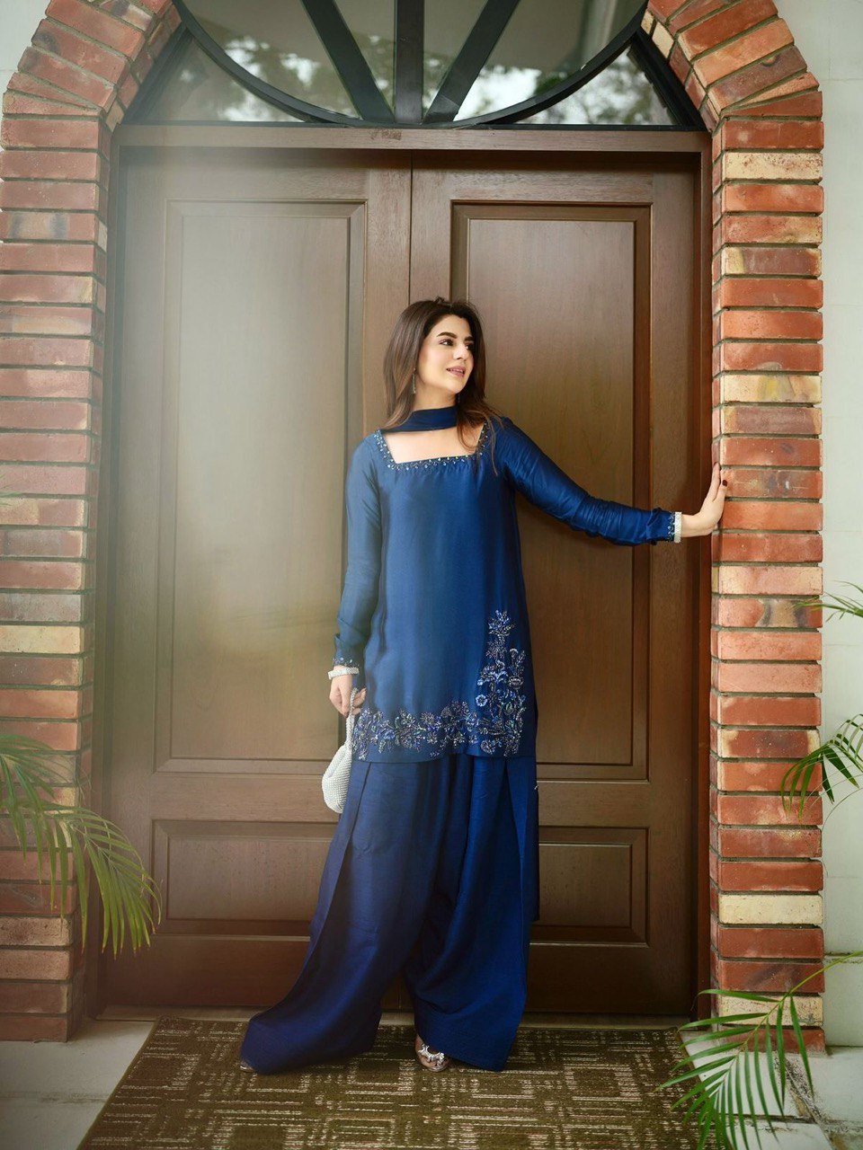 Designer Farshi Suit in Natural Crepe with Intricate Bead and Thread Embroidery and Blue Sequin Dupatta