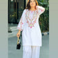 Elegant White Ensemble in Pure Natural Crepe Silk with Dupatta and Embroidery Details