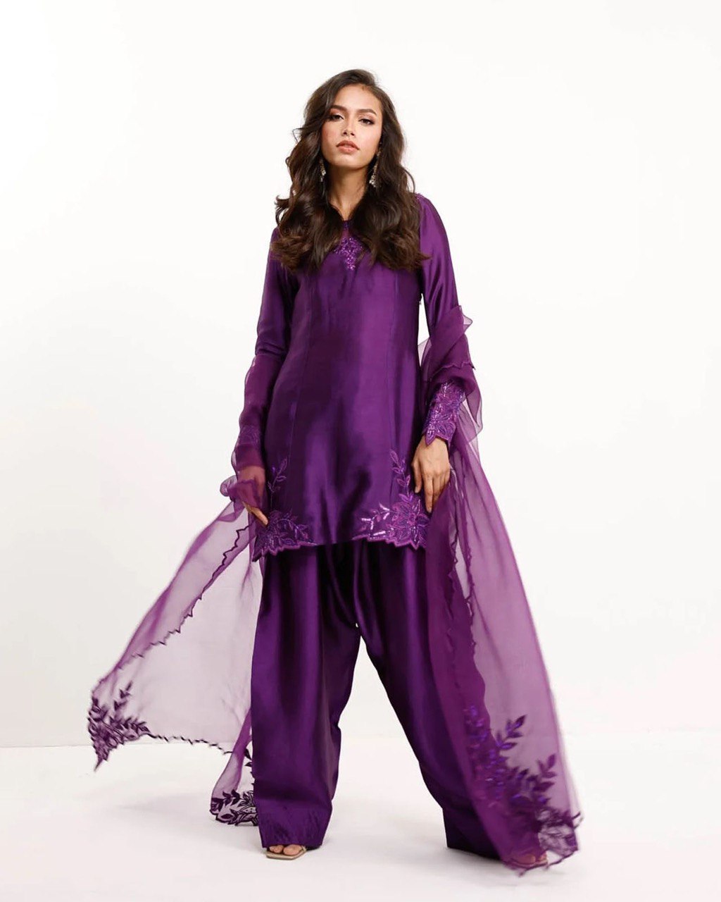 Designer Natural Crepe Top with Beaded Thread Detailing, Matched with Farshi Salwar and Butterfly Net Dupatta with Cutwork Lace