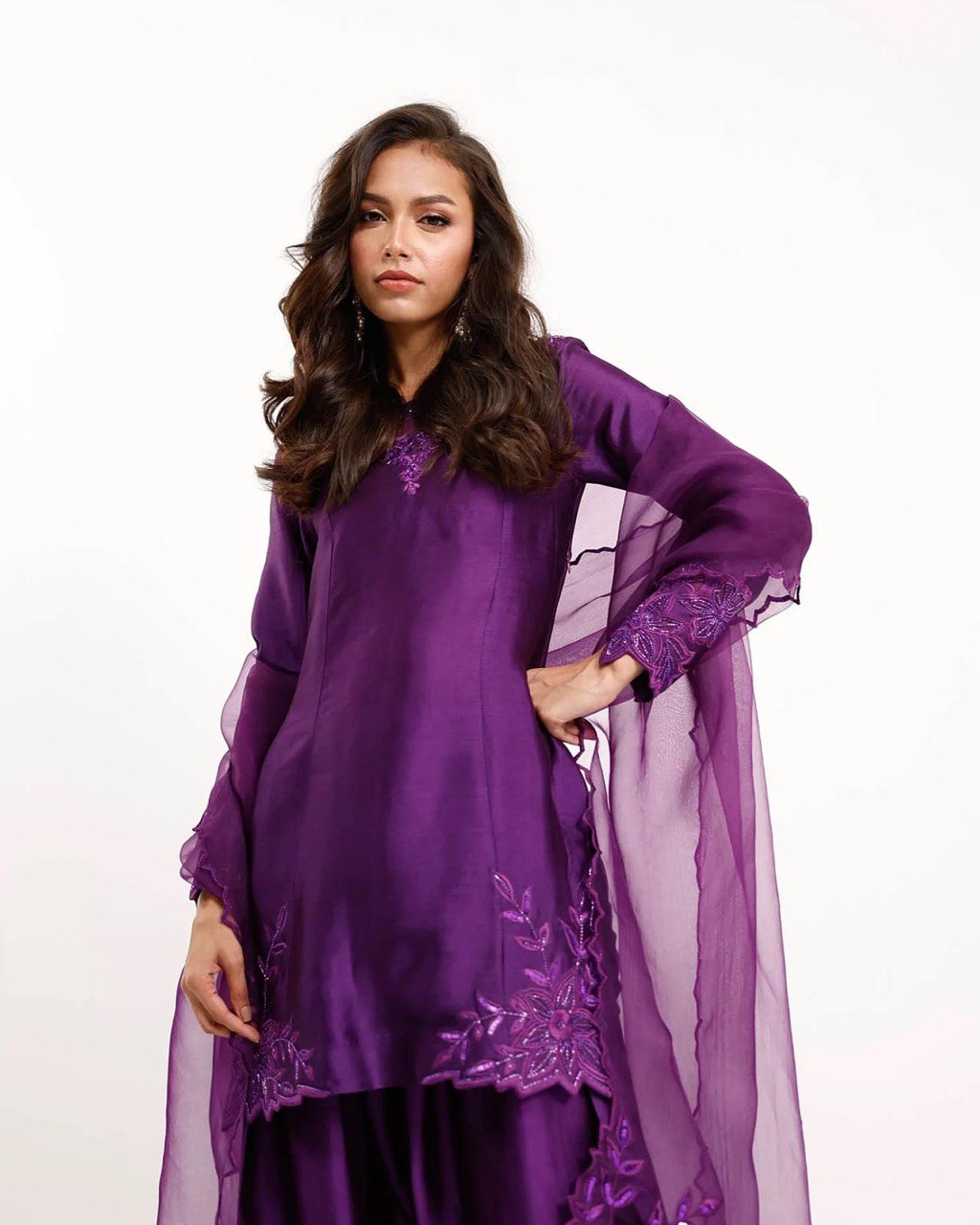 Designer Natural Crepe Top with Beaded Thread Detailing, Matched with Farshi Salwar and Butterfly Net Dupatta with Cutwork Lace