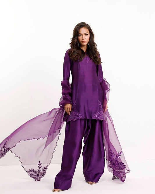 Designer Natural Crepe Top with Beaded Thread Detailing, Matched with Farshi Salwar and Butterfly Net Dupatta with Cutwork Lace