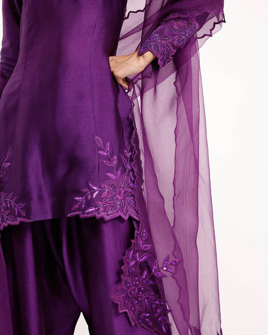 Designer Natural Crepe Top with Beaded Thread Detailing, Matched with Farshi Salwar and Butterfly Net Dupatta with Cutwork Lace