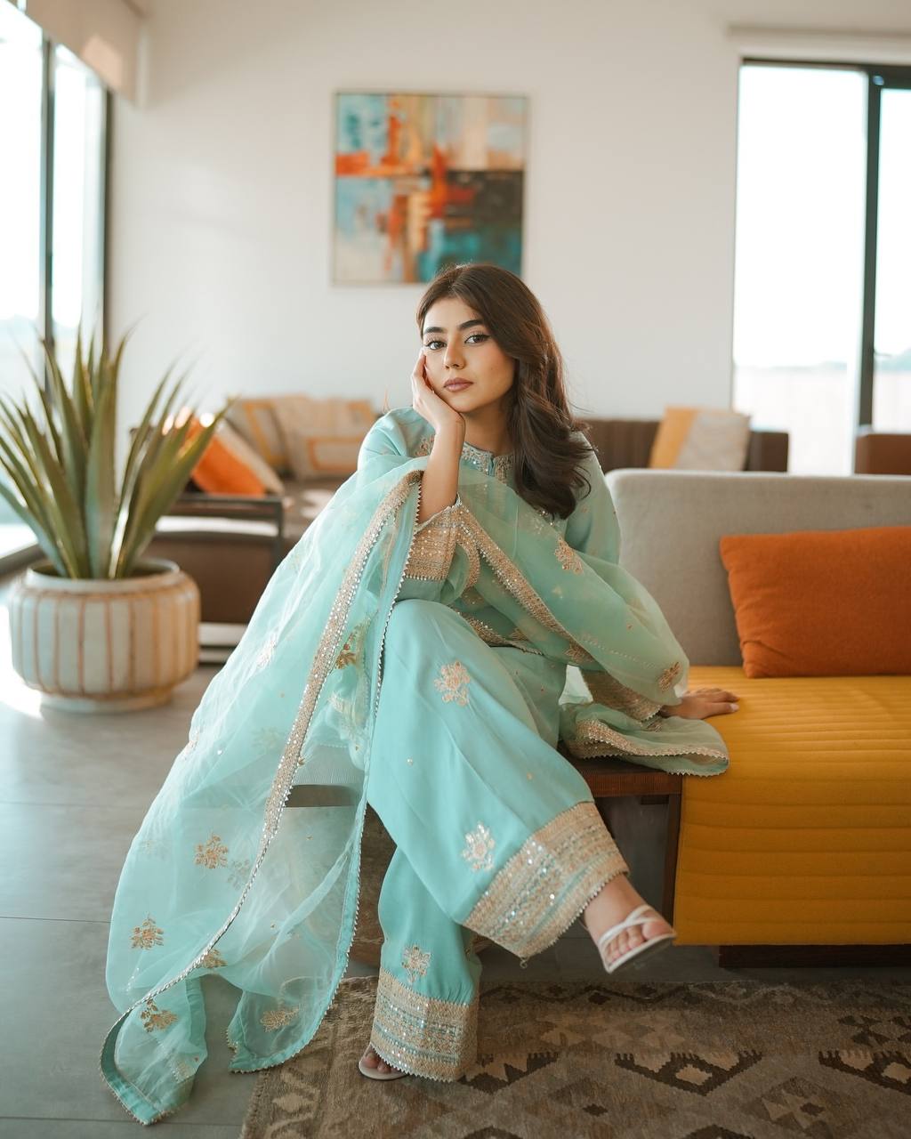 New Designer Collection in Chinnon Silk with Embroidered Top Bottom and Dupatta Set