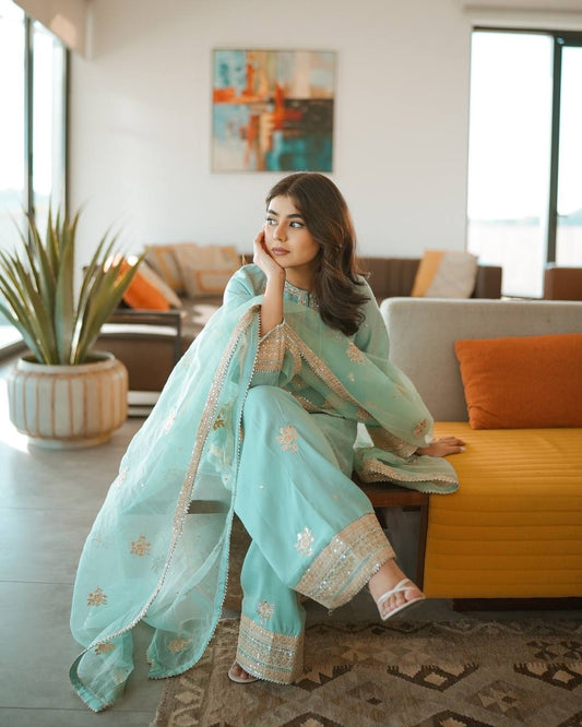 New Designer Collection in Chinnon Silk with Embroidered Top Bottom and Dupatta Set
