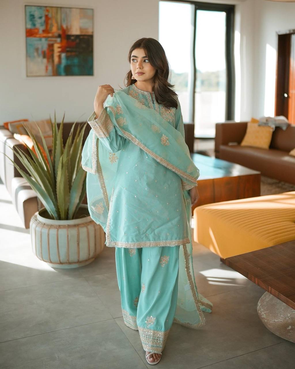 New Designer Collection in Chinnon Silk with Embroidered Top Bottom and Dupatta Set